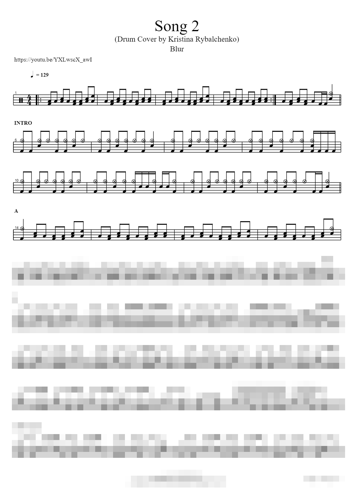 Song 2 (Drum Cover by Kristina Rybalchenko) Sheet Music Preview