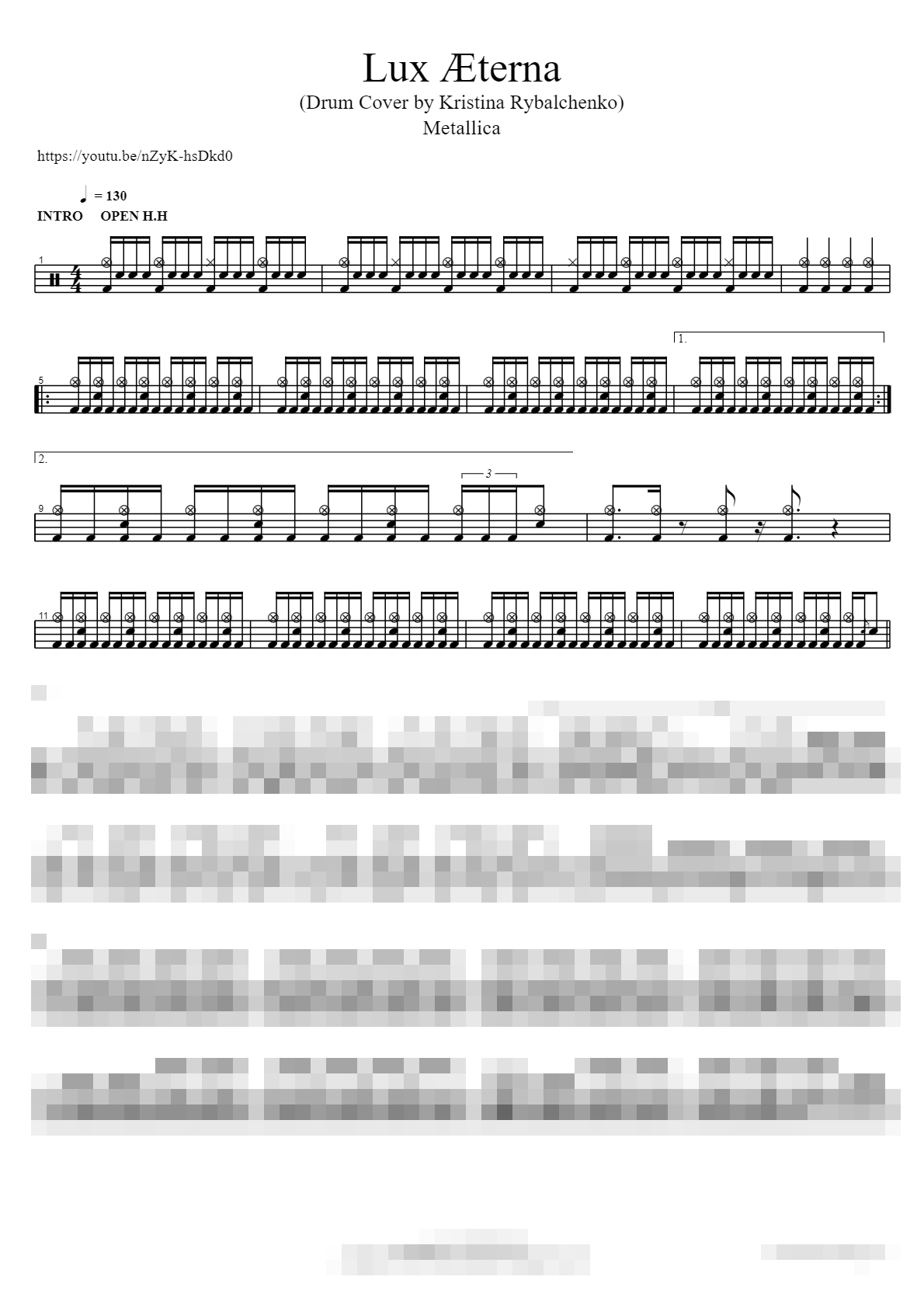 Lux Æterna (Drum Cover by Kristina Rybalchenko) Sheet Music Preview