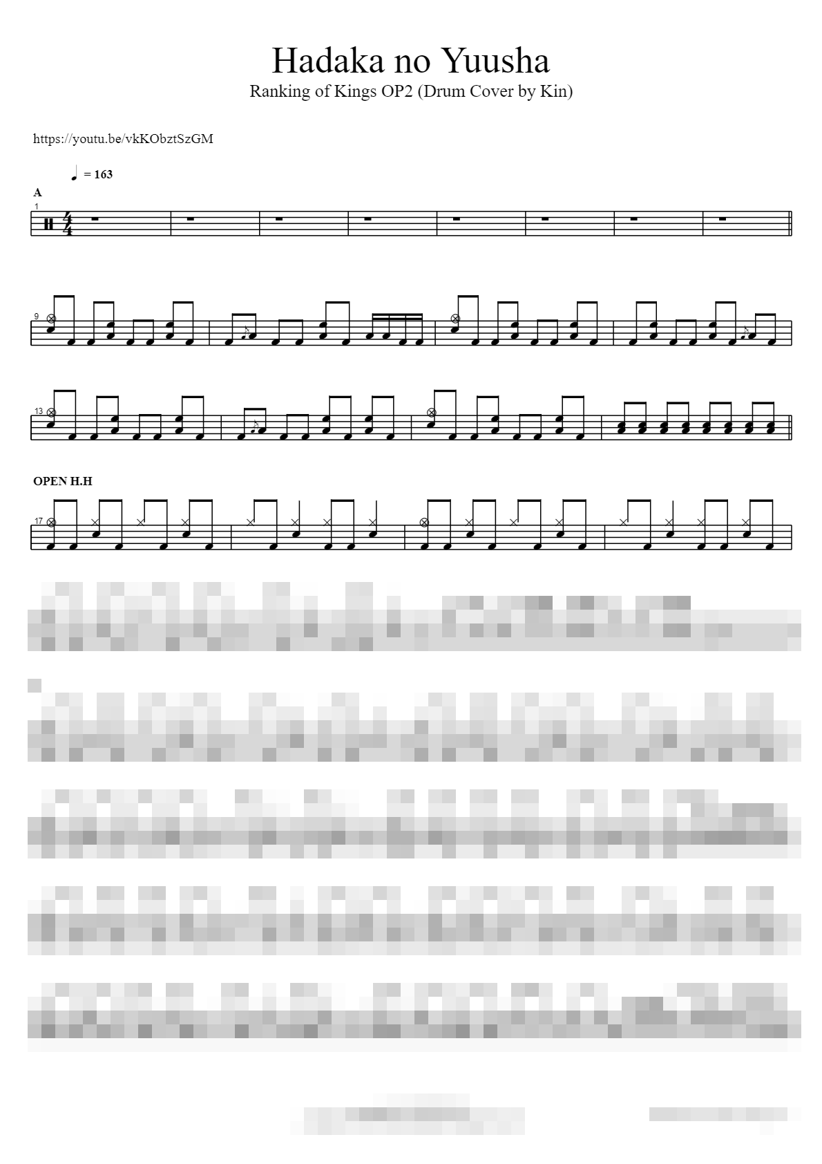 Hadaka no Yuusha (Drum Cover by Kin) Sheet Music Preview