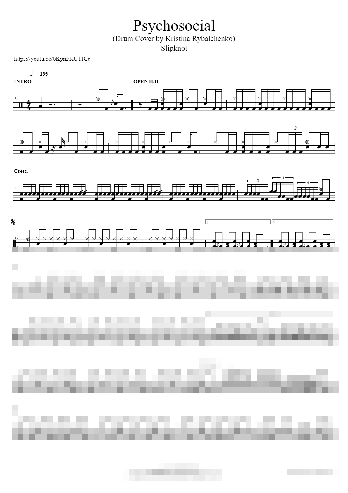 Psychosocial (Drum Cover by Kristina Rybalchenko) Sheet Music Preview