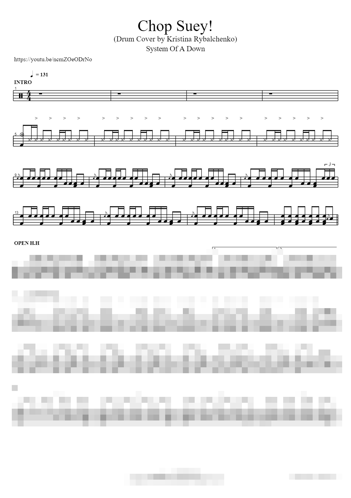 Chop Suey! (Drum Cover by Kristina Rybalchenko) Sheet Music Preview