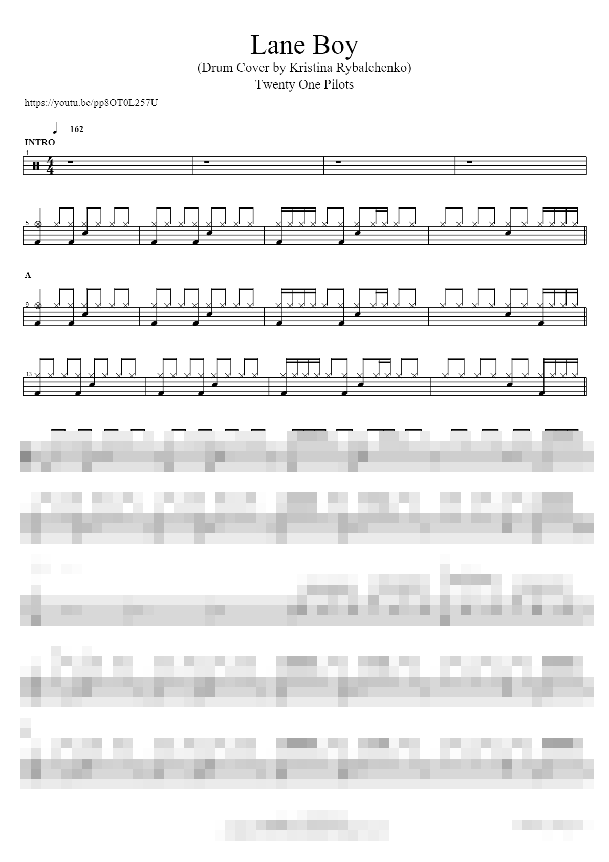 Lane Boy (Drum Cover by Kristina Rybalchenko) Sheet Music Preview