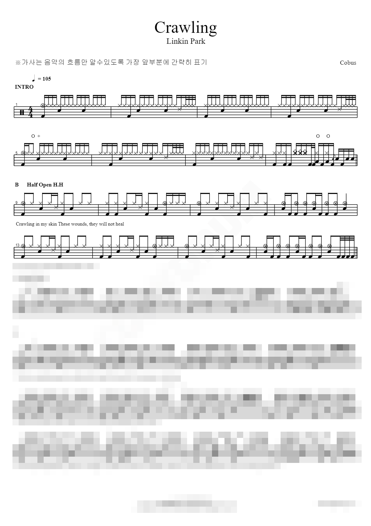 Crawling (DRUM COVER BY Cobus) Sheet Music Preview