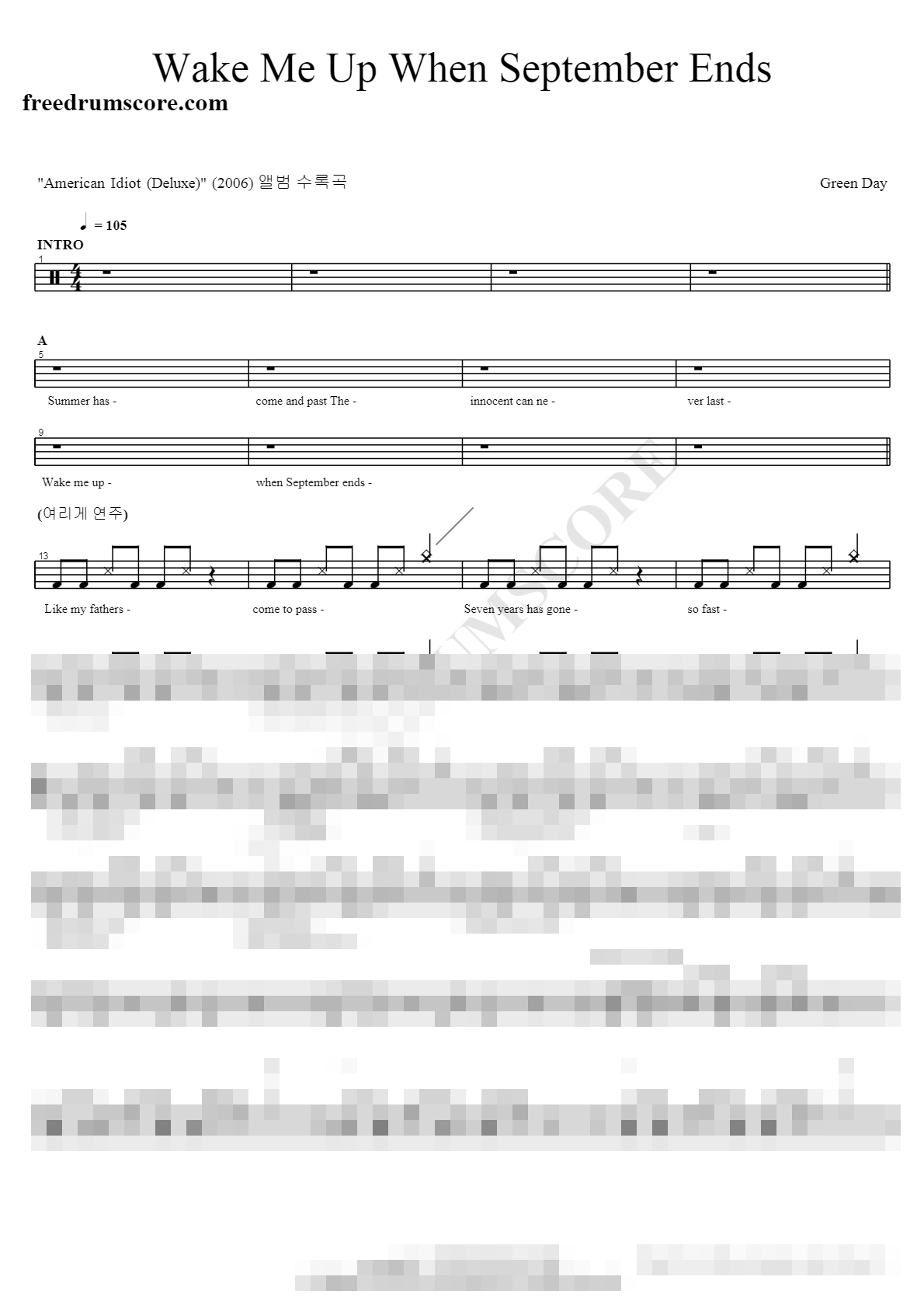 Wake Me Up When September Ends Sheet Music Preview