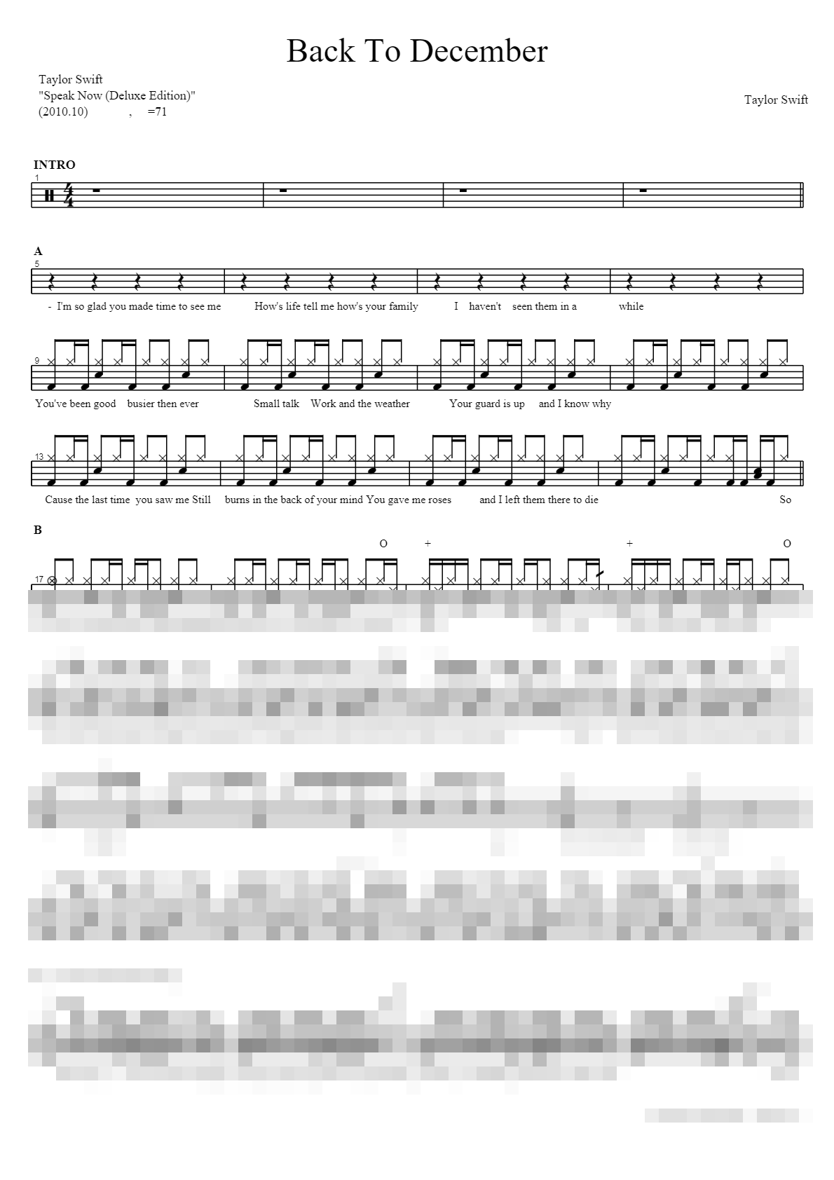 Back To December Sheet Music Preview